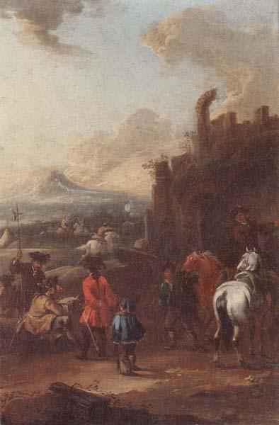 August Querfurt Cavalrymen before a hilltop town oil painting image